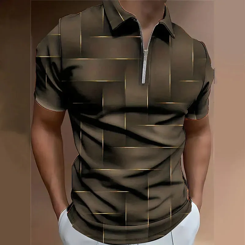 3D Geometric Print Men's Zip Polo Shirt for Outdoor Streetwear - Black & Purple, Spring/Summer Collection S M L