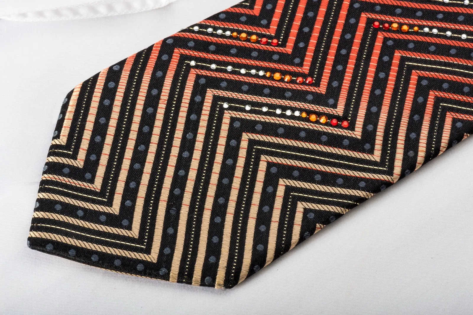 Daniel Hechter Rhinestone Silk Necktie Orange Chevron Stripes On Black With Silver Sparkles