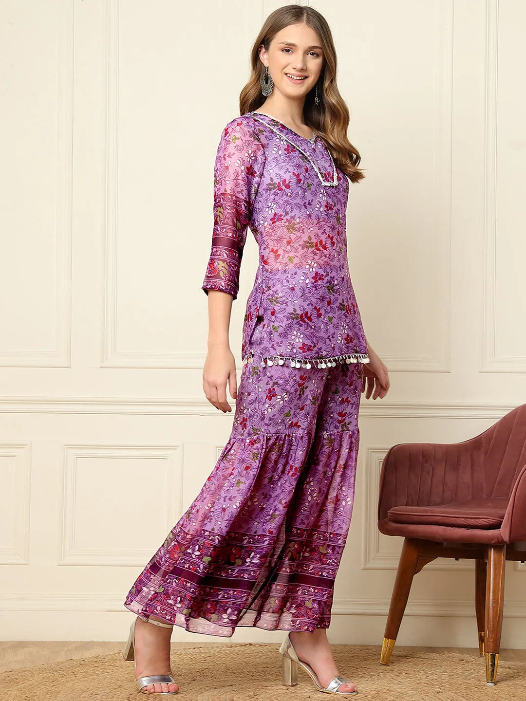 Lavender Floral Kurti With Sharara Indo Western Women Co-Ord Sets