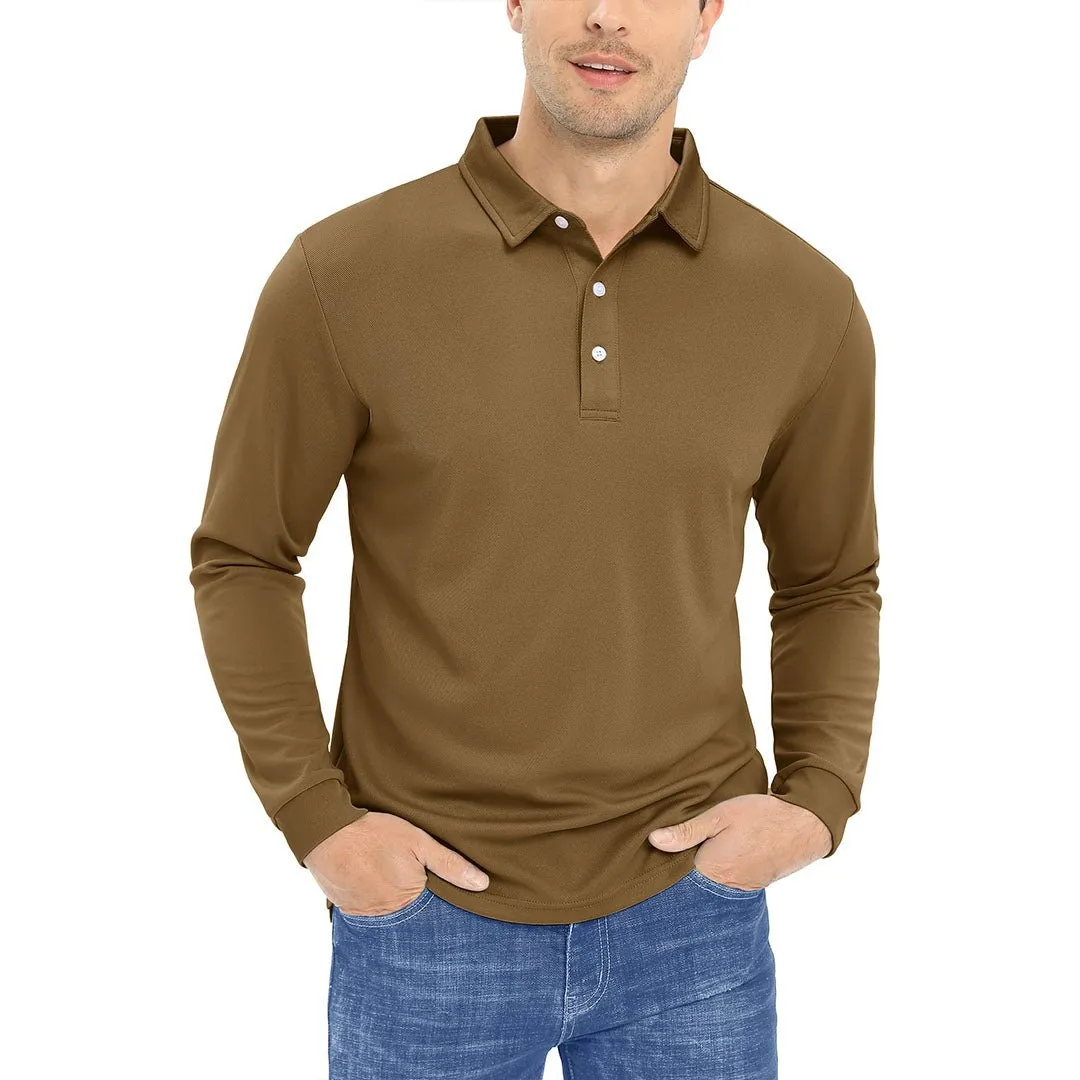 Men's Casual Quick Dry Polo Long Sleeve Shirt with 3-Buttons