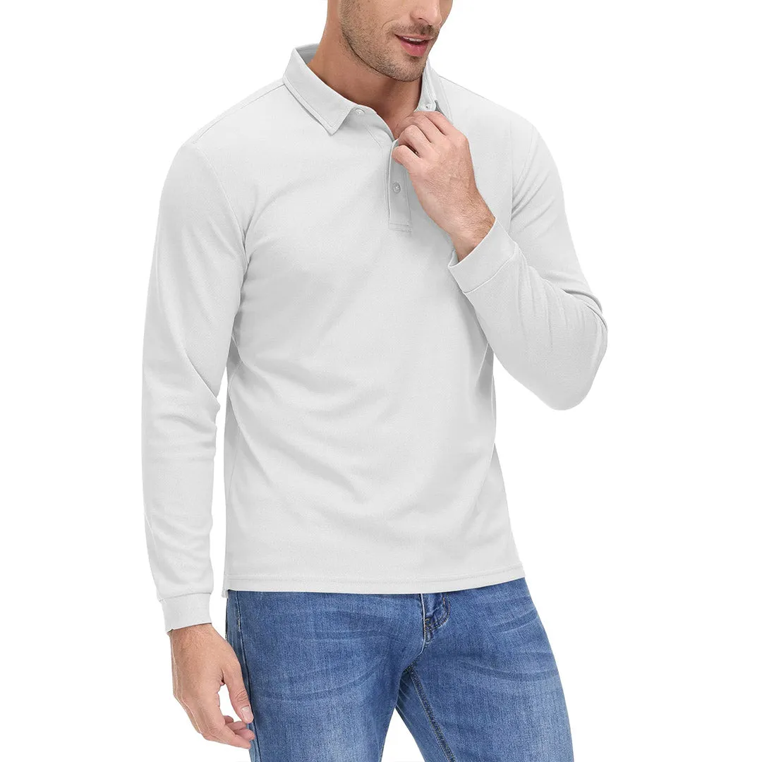 Men's Casual Quick Dry Polo Long Sleeve Shirt with 3-Buttons