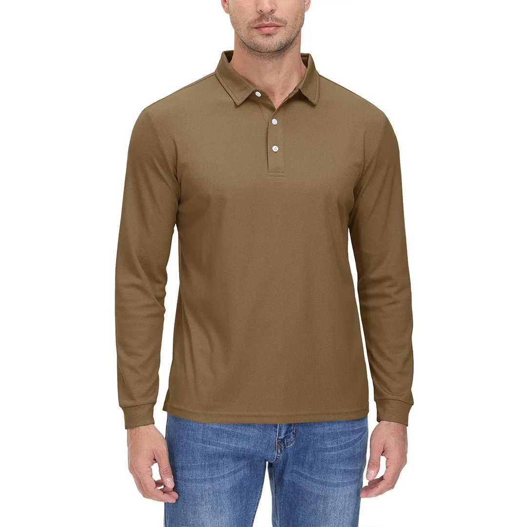 Men's Casual Quick Dry Polo Long Sleeve Shirt with 3-Buttons