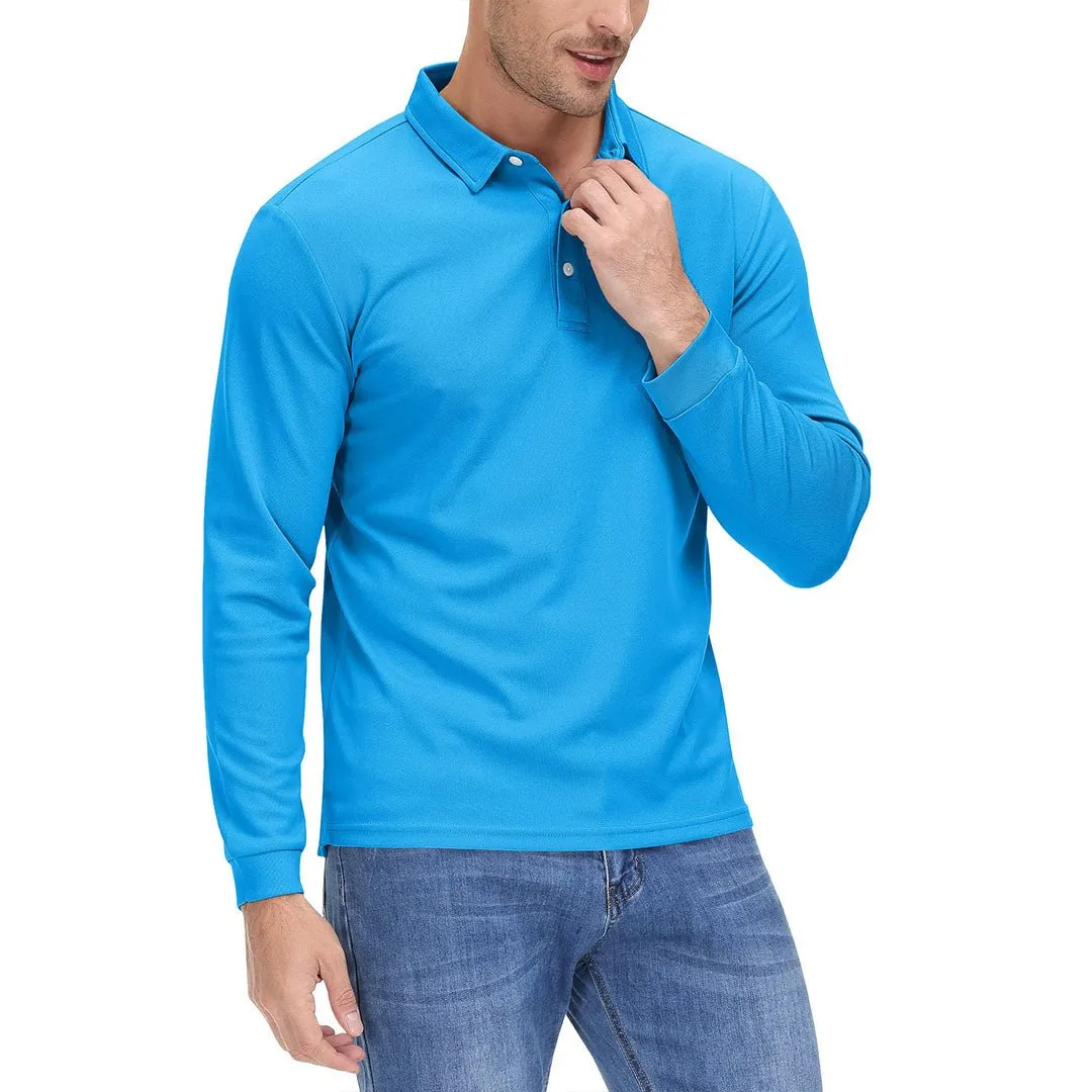 Men's Casual Quick Dry Polo Long Sleeve Shirt with 3-Buttons