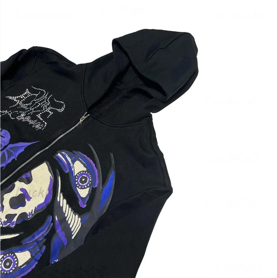 Men's Rhinestone Skull Purple Print Streetwear Oversized Hoodie Men's Jacket Jacket Goth Harajuku Y2k Clothes Grunge Zip Hoodie