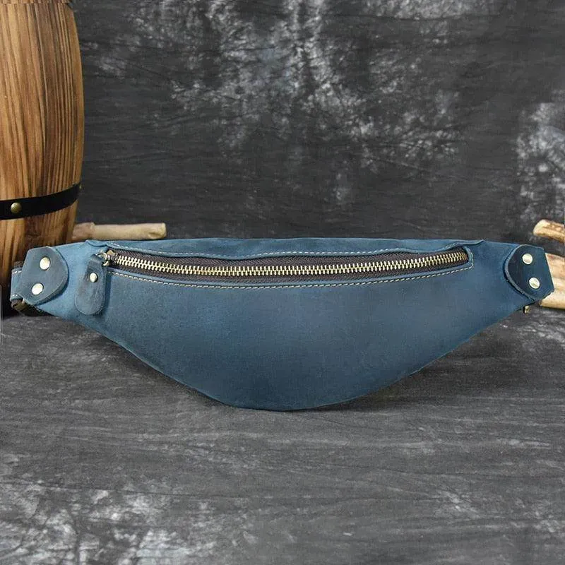 Vintage Crazy Horse Leather Waist Bag Hands-Free Travel